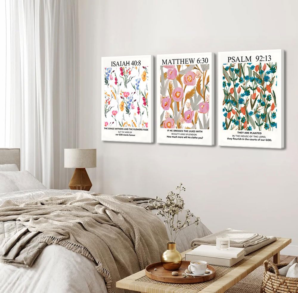 3Pcs Framed Bible Verse Wall Art, Christian Floral Scripture Posters Canvas Paintings Prints Wall Decor Pictures For Bedroom Liv